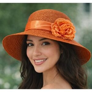 Scala Collection Orange Straw Sun Hat Wide Brim‎ Flower Accent